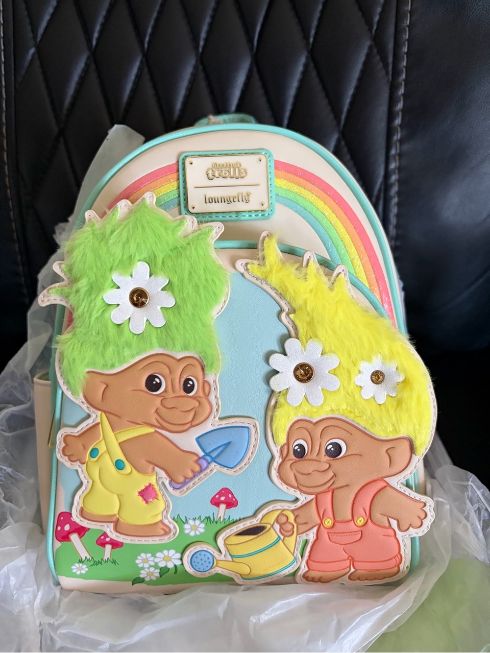 Loungefly Pastel Rainbow Trolls Mini Backpack with Lime & Yellow Hair